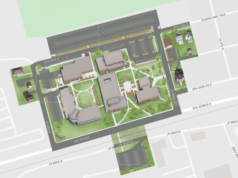 Map of the Penn State DuBois Campus, including buildings, parking, and roads.